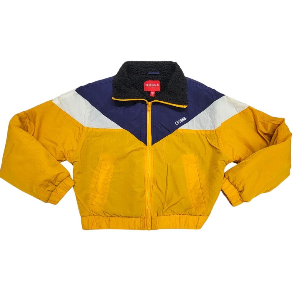 GUESS Womens Small Yellow Navy Blue Colorblock Sherpa Lined Nylon Jacket Coat